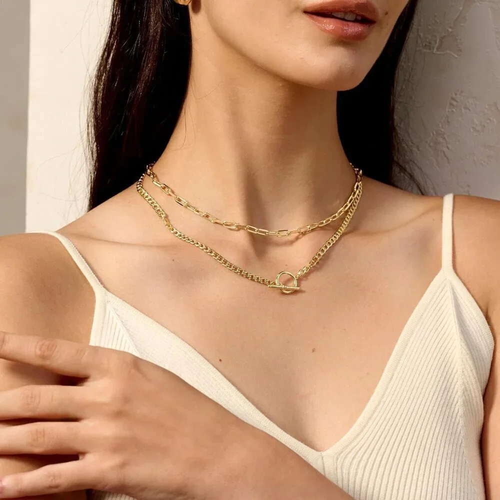 Layered Necklaces for Women 14K Gold Plated Cuban Chain Toggle Clasp Jewelry - Picture 8 of 8